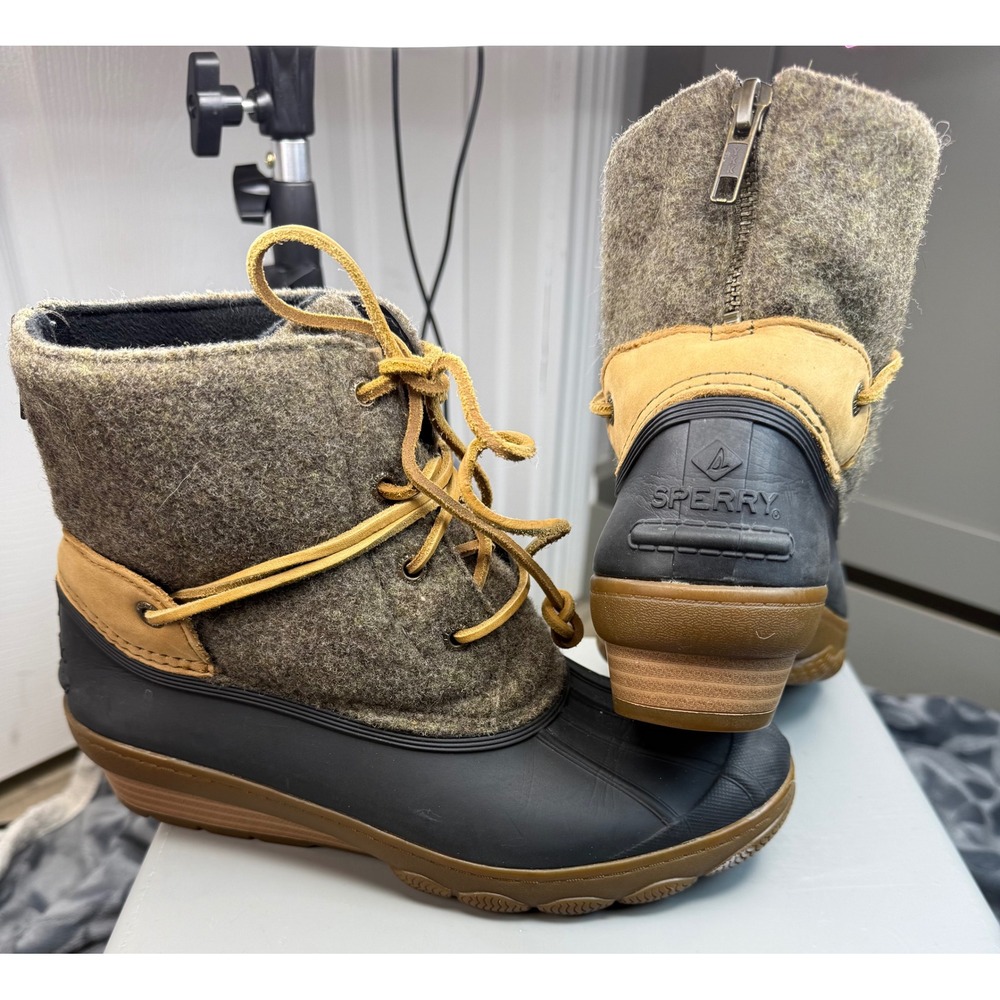 Sperry Saltwater Duck Boots Wool Felt Tan Leather Zip Size‎ 7